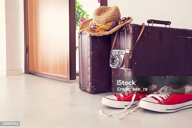 Vacation Suitcase By Front Door Stock Photo - Download Image Now - Vacations, Leaving, Door