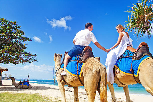 istock Groom and his bride riding camels on the beach 531001543