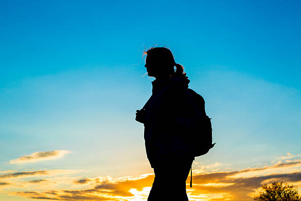 istock Girl hiking in silhouette over the sky 531002634