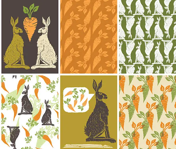 Vector illustration of Linoblock Print Of Carrots Rabbits & Carrot