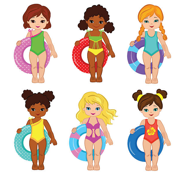 ilustrações, clipart, desenhos animados e ícones de meninas na piscina isolado no fundo. ilustração vetorial. - illustration and painting beach engraved image engraving