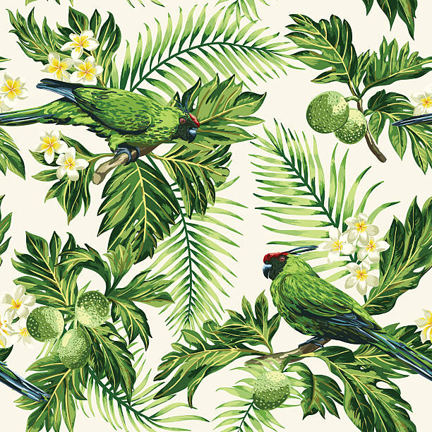 Seamless tropical pattern with leaves, flowers and parrots. Seamless exotic tropical pattern with leaves, fruits, flowers and birds. Breadfruit, palm, plumeria, parrots. Vector illustration. green parakeet stock illustrations