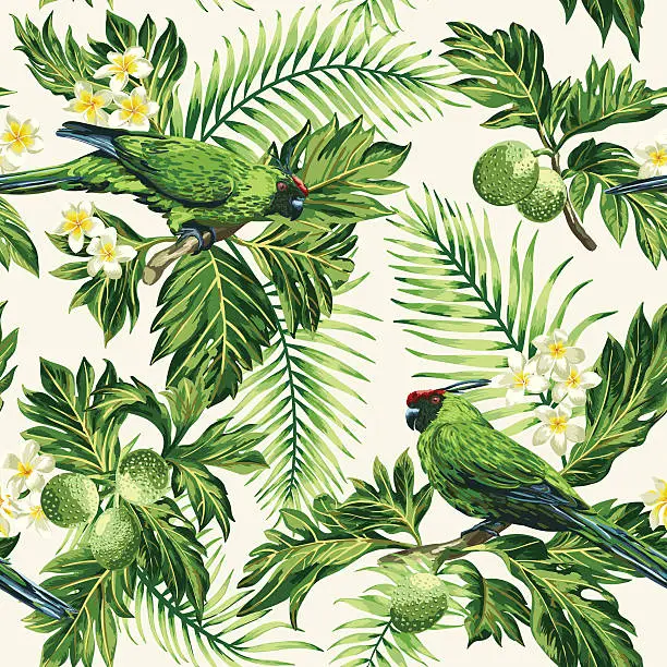 Vector illustration of Seamless tropical pattern with leaves, flowers and parrots.