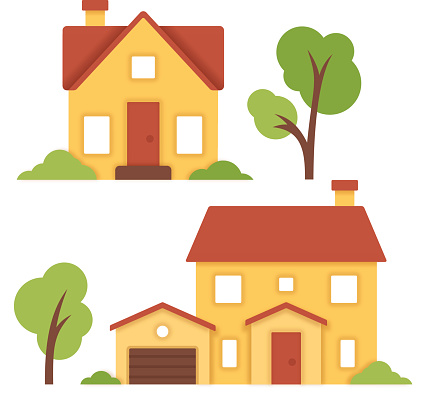 Little houses with trees and shrubs isolated on white. EPS 10 file. Transparency effects used on highlight elements.