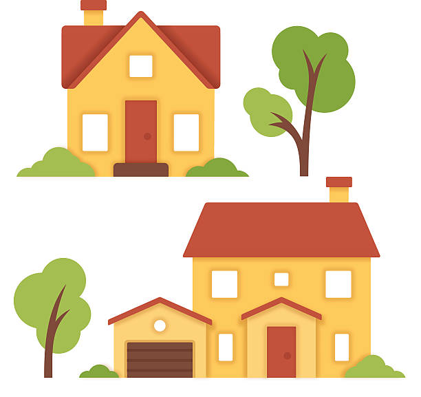 Little Houses Little houses with trees and shrubs isolated on white. EPS 10 file. Transparency effects used on highlight elements. house cut out stock illustrations