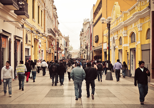 Lima, Peru - September 5, 2014: Jiron De La Union is the busiest shopping street in LIma. It is a pedestrian only street in the historic district of Lima. With hundreds of stores and historical churches and buildings, it makes it a prime destination for locals and tourists alike. Photo taken during the day and contains many people.