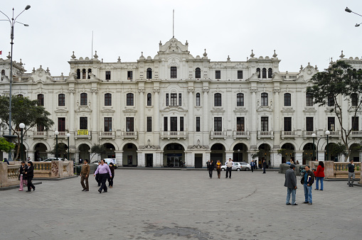 Lima, Peru - September 5, 2014: Town square in the historical centre of Lima. People can be seen walking around.