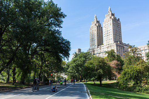 New York, USA - September 19, 2015: View to the The San Remo Building and Central Park on September 19, 2015. The Central Park was closed on this day for non motorized vehicles and pedestrians only.