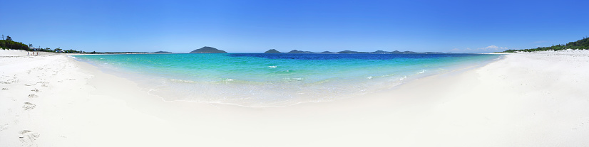 180 panoramic views of Port Stephens from Jimmy's Beach with distant views to Yacaaba, Mt Tomaree, Stephens Peak, Shoal Bay and Nelson Bay