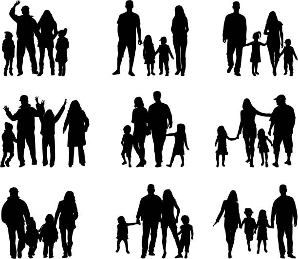 ilustraciones, imágenes clip art, dibujos animados e iconos de stock de familia siluetas - two generation family illustrations