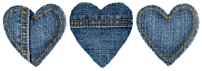 Jeans Heart Shape Patch Object with Stitches Seam, Decorative Fabric Joint Isolated White Background, Valentines Day Decoration Textile Icon Set