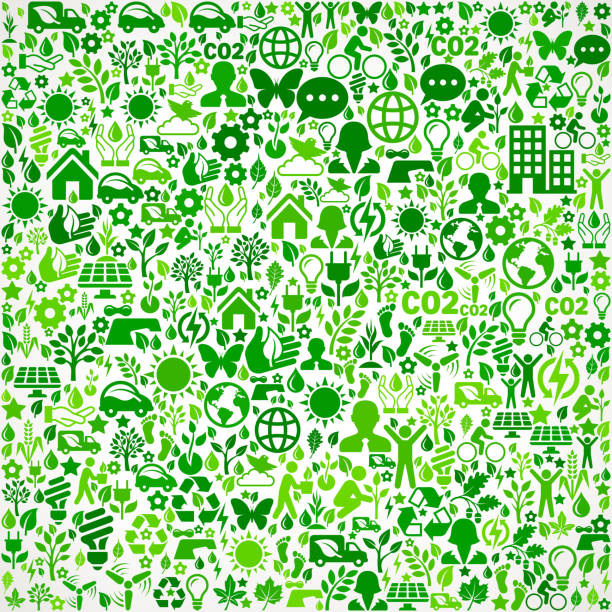 Green Background Environmental Conservation and Nature interface icon Pattern Green Background On Green Environmental Conservation and Nature royalty free vector interface icon pattern. This royalty free vector art features nature and environment icon set pattern. The major color is green and icons include trees, leaves, energy, light bulb, preservation, solar power and sun. Icon download includes vector art and jpg file. environment designs stock illustrations