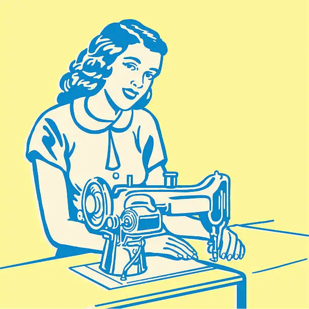 Vector illustration of Woman Using Sewing Machine