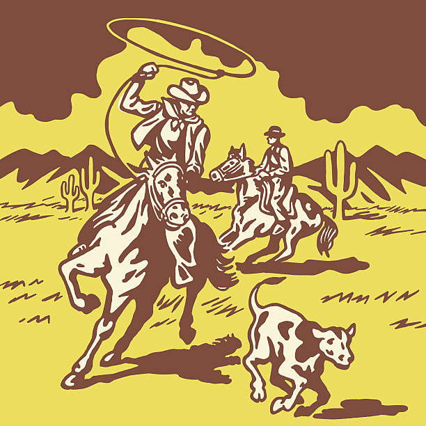 Cowboy Lassoing Calf http://csaimages.com/images/istockprofile/csa_vector_dsp.jpg two cows stock illustrations