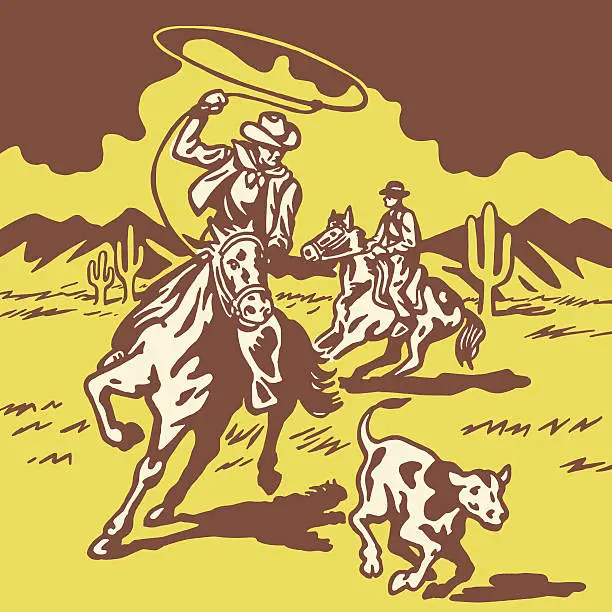 Vector illustration of Cowboy Lassoing Calf
