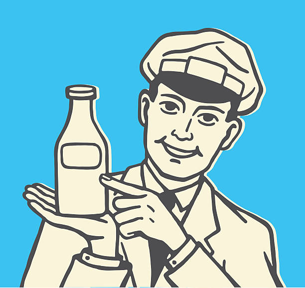 ilustraciones, imágenes clip art, dibujos animados e iconos de stock de repartidor de leche botella de retención - milkman