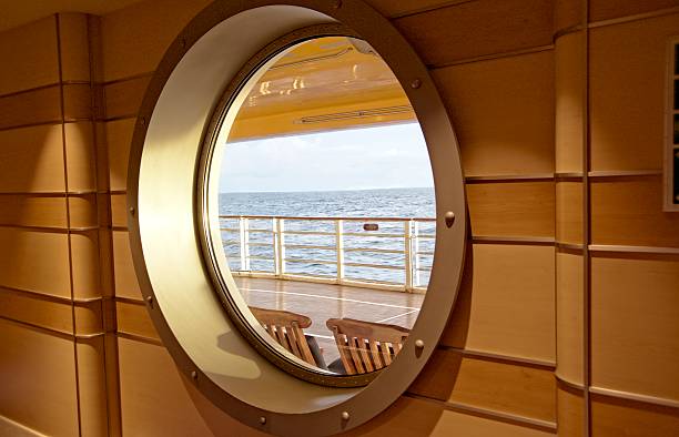 Ocean seen through cruise window stock photo
