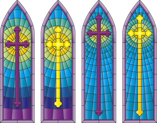Stained Glass Church Windows stained glass church window. crucifix illustrations stock illustrations