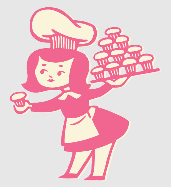 ilustrações, clipart, desenhos animados e ícones de chef segurando a bandeja de cupcakes - personal accessory apron bakery cake