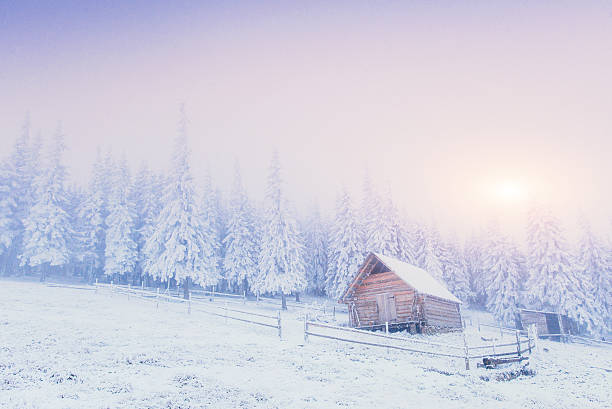 istock sunset in the winter mountains and fantastic chalet 531036231