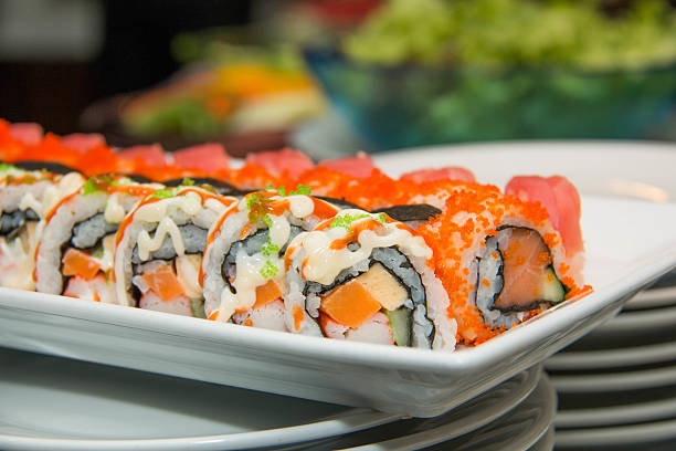 istock Japanese seafood sushi roll on the white plate. 531037391
