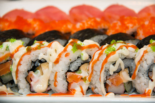 istock Japanese seafood sushi roll on the white plate. 531037395
