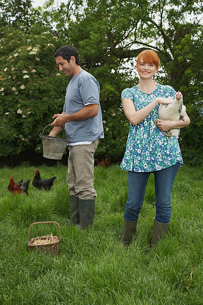 istock Couple Feeding Hens On Grassland 531038601