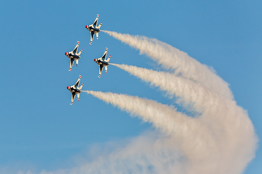 Las Vegas, USA - November 8, 2014: USAF Thunderbirds perform air show routine during Aviation Nation at Nellis AFB on November 8,2014 in Las Vegas,NV. Squadron is the official air demonstration team for the USAF. 