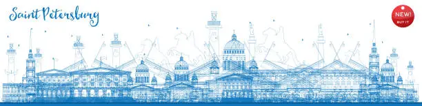 Vector illustration of Outline Saint Petersburg skyline with blue landmarks.