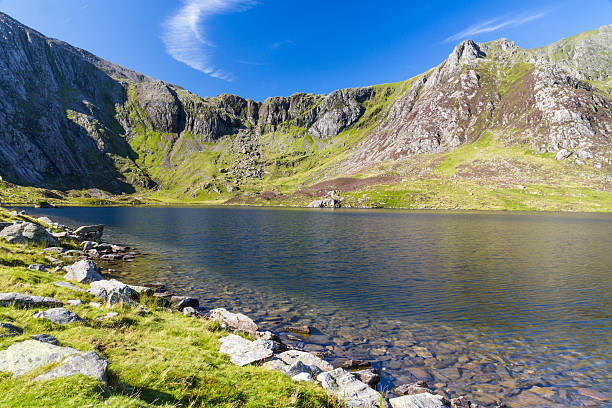 lago e as montanhas, llyn idwal e o diabo do " hiltonâ cozinha. - devils lake - fotografias e filmes do acervo