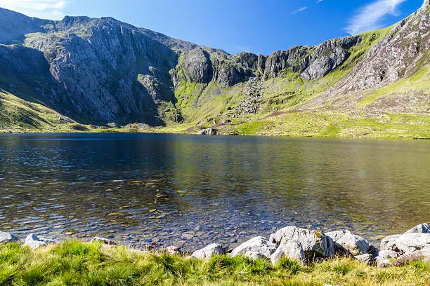 Photo of Lake and mountains, Llyn Idwal and the Devils Kitchen.