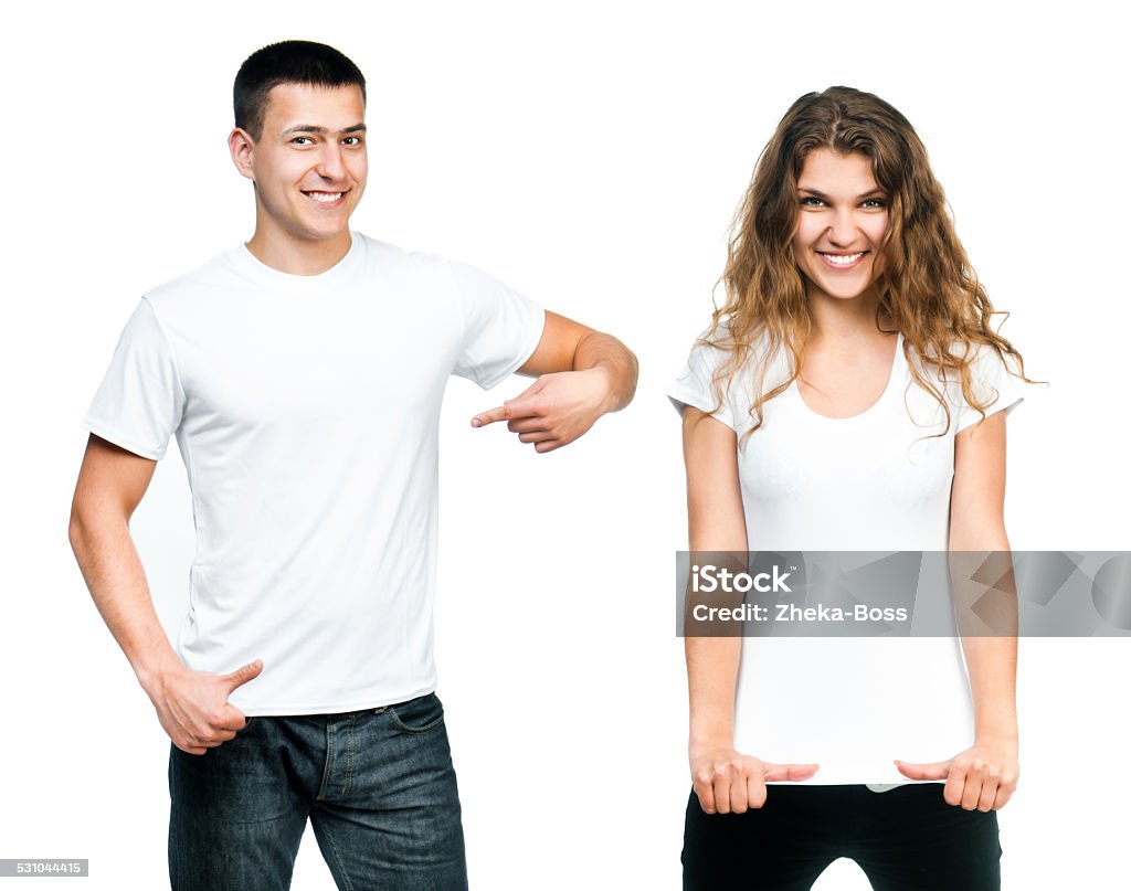 Teenagers With Blank White Shirt white t-shirt on a young man and girl isolated. Ready for your design Women Stock Photo