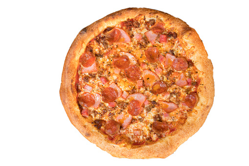 An isolated top down photo of a home made style fresh meat loves style pizza. 