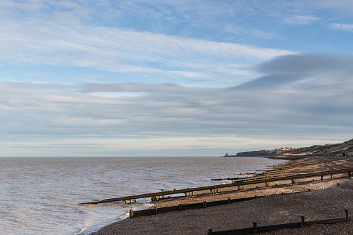 Reculver Towers seen from Herne Bay, Kent, Uk