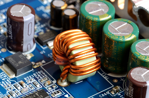 Detail of graphics card - inductors, capacitors and chips