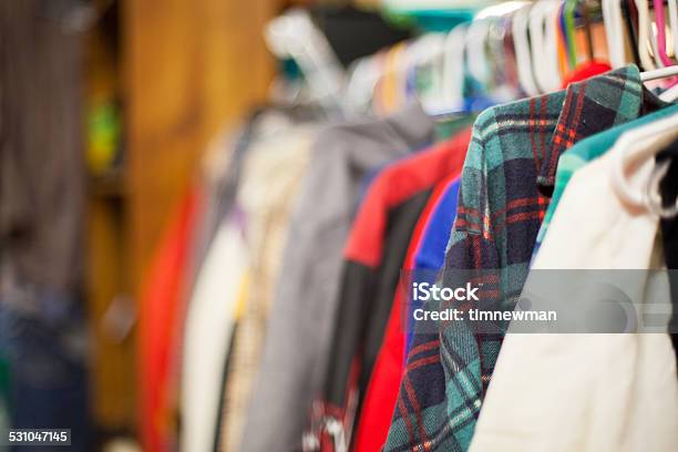 Use Clothing On Discount Racks At Thrift Store Stock Photo - Download Image Now - Clothing, Thrift, Clothing Store