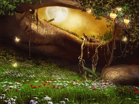 Enchanted cave with flowers, lanterns and butterflies