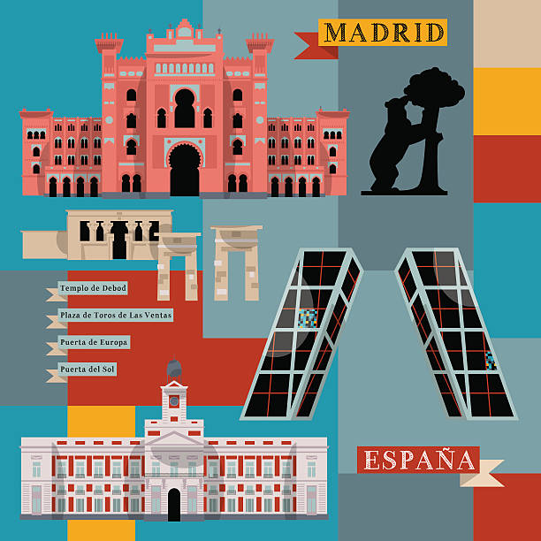 illustrations, cliparts, dessins animés et icônes de sites touristiques de madrid. espagne, europe. - porte de l'europe