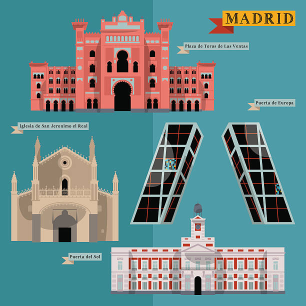 ilustraciones, imágenes clip art, dibujos animados e iconos de stock de atracciones de madrid. españa, europa. - madrid