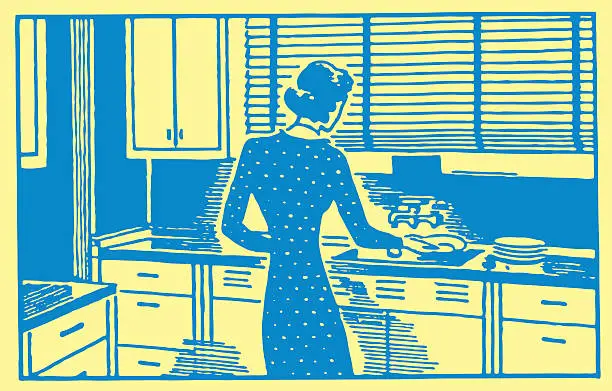 Vector illustration of Woman Washing Dishes at Kitchen Sink