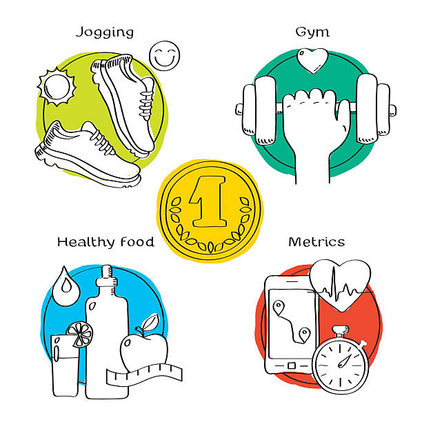 Jogging and running winner concept handdrawn icons of gym, healthy vector art illustration