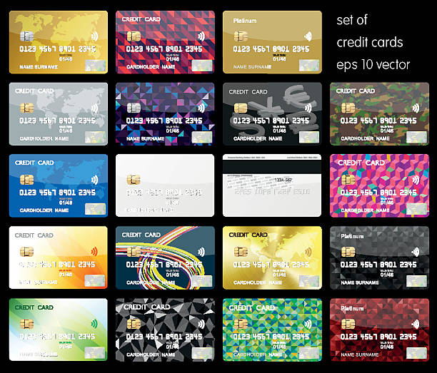 ilustraciones, imágenes clip art, dibujos animados e iconos de stock de conjunto de tarjetas de crédito - credit cards