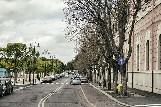 Cagliari, Italy - April 30, 2016: Cagliari boulevard on a rainy day