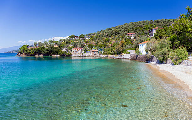 Beach in Milina village, Pelio, Greece Milina is a picturesque seaside village at the Pelion Peninsula. It is situated directly at the Pagasitic Bay. pilio greece stock pictures, royalty-free photos & images