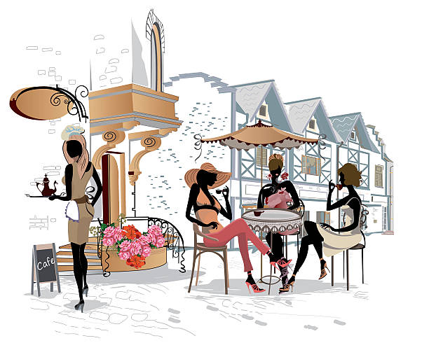 мода девушки в кафе на улице. - people eating silhouette cafe stock illustrations