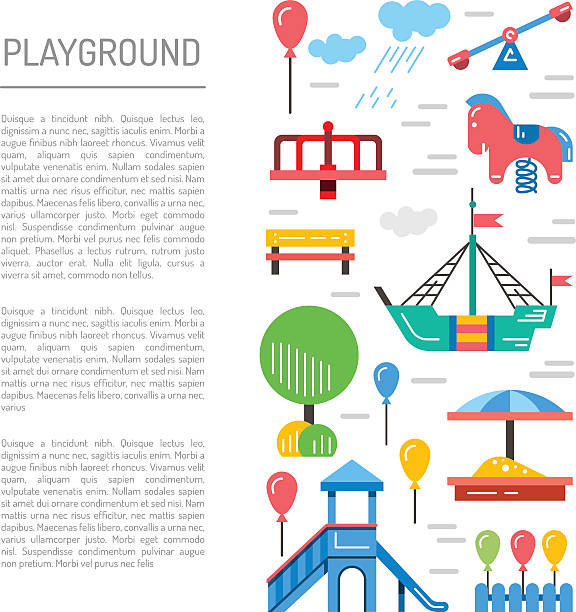 children's playground kindergarten Children's Playground with swings. A place for children play in the yard. Children's Playground drawn in a linear style, vector, outline. playground spring horse stock illustrations