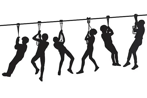 Vector illustration of Silhouettes of children playing with a tyrolean traverse