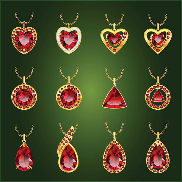 Set of red rubies pendants Set of realistic red jewels. Colorful red gemstones. Red rubies pendants isolated on green background. Princess cut jewel. Round cut jewel. Emerald cut jewel. Oval cut jewel. Pear jewel . Heart jewel. locket stock illustrations