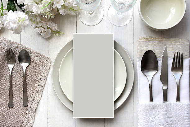 Table card mockup, menu mockup. Vintage fashion photography. Table card mockup, menu mockup. Vintage fashion photography. Wedding dinner design. Place card, reserved card. Beautiful dishware, traditional style. restaurant table card stock pictures, royalty-free photos & images
