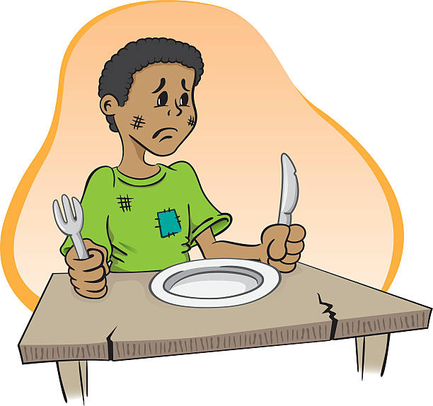 ilustraciones, imágenes clip art, dibujos animados e iconos de stock de niño sentado con hambre la tabla - malnourished